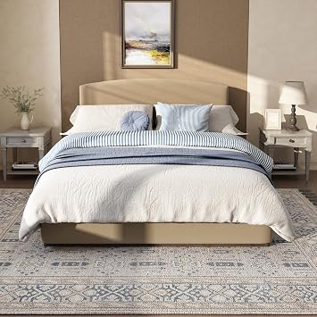 Queen Size Upholstered Bed Frame with Velvet Fabric Thick Headboard, Solid Wood Base, Camel