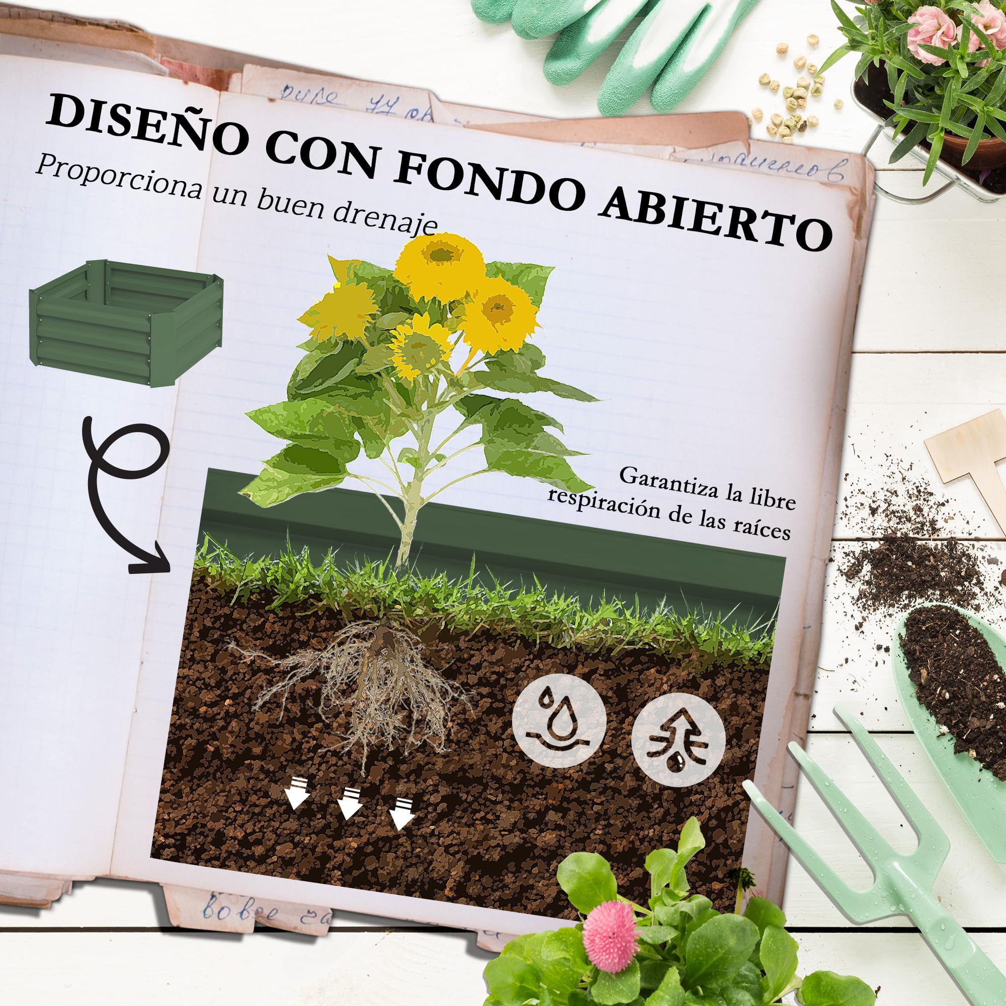 Outsunny Jardinera Exterior Grande de Acero Galvanizado Jardinera de Exterior con Celosía para Plantas Trepadoras y Fondo Abierto para Patio Terraza Balcón 61x61x140 cm Verde