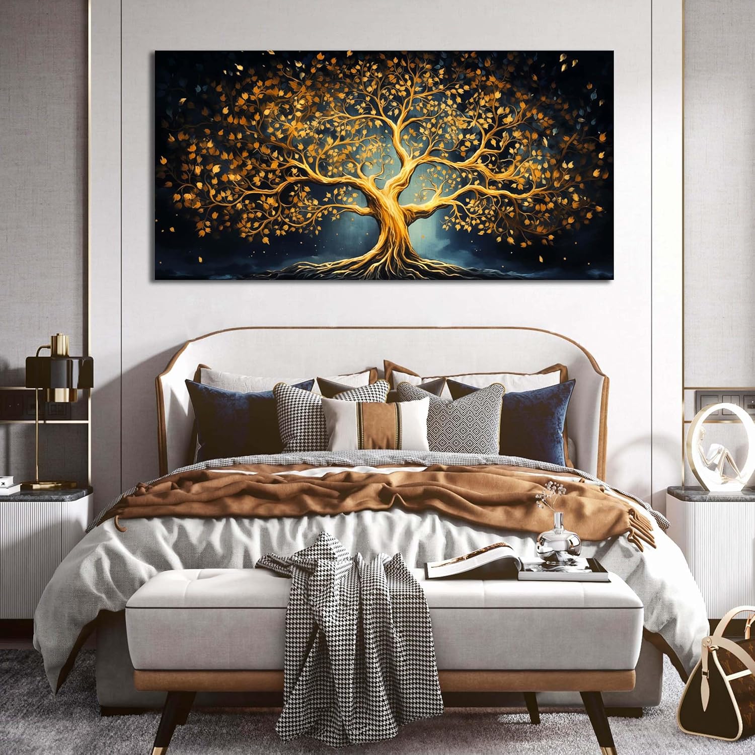 Ouzzlie Black Art for Office Decor Tree Wall Decor Living Room Modern Large Gold Canvas Wall Art for Bedroom 29" x 59"