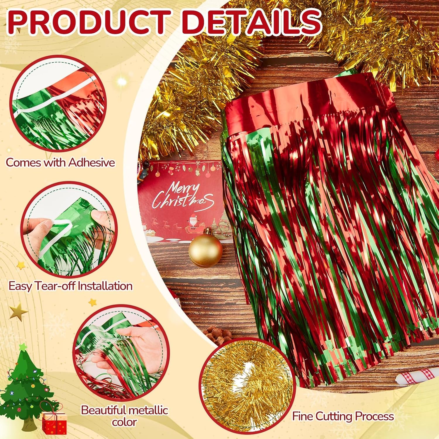 Crowye 10 Pcs Christmas Parade Float Decoration Kit Include 9.02 x 2.46 ft Foil Fringe Table Skirt 78.8 x 3.55 in Metallic Tinsel Garland for Trailer Car Xmas Float Supplies Decor (Red,Green,Gold)
