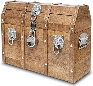 Handmade Pirate Treasure Chest with Lock and Keys - 16 x 12 Inch Vintage Wooden Storage Trunk with Hinged Lid - Antique Storage Decorative Box Made of Strong and Durable Mango Wood (Brown)