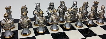 Medieval Times Crusades Knight Chess Set Gold & Silver Busts W/ 15 High Gloss Black & White Board