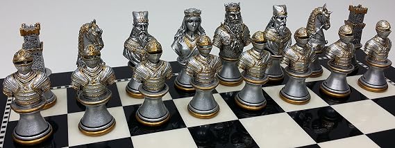 Medieval Times Crusades Knight Chess Set Gold & Silver Busts W/ 15 High Gloss Black & White Board
