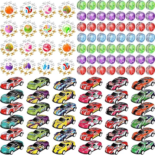 Motionchic 96 piezas de Navidad de operación a granel, incluye 24 luces LED, Yoyo 24 Jacks de metal, juego con bola hinchable, 48 autos de juguete