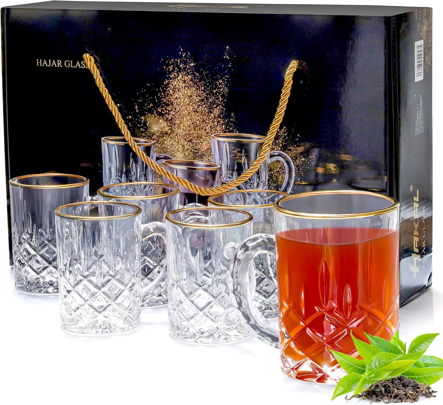 Golden Touch| Set of 6 Exquisite 210ml Glass Cups in Gift Box Perfect for Arabic Turkish and Moroccan Espresso Tea Cups Versatile Handles for Hot or Cold Drinks