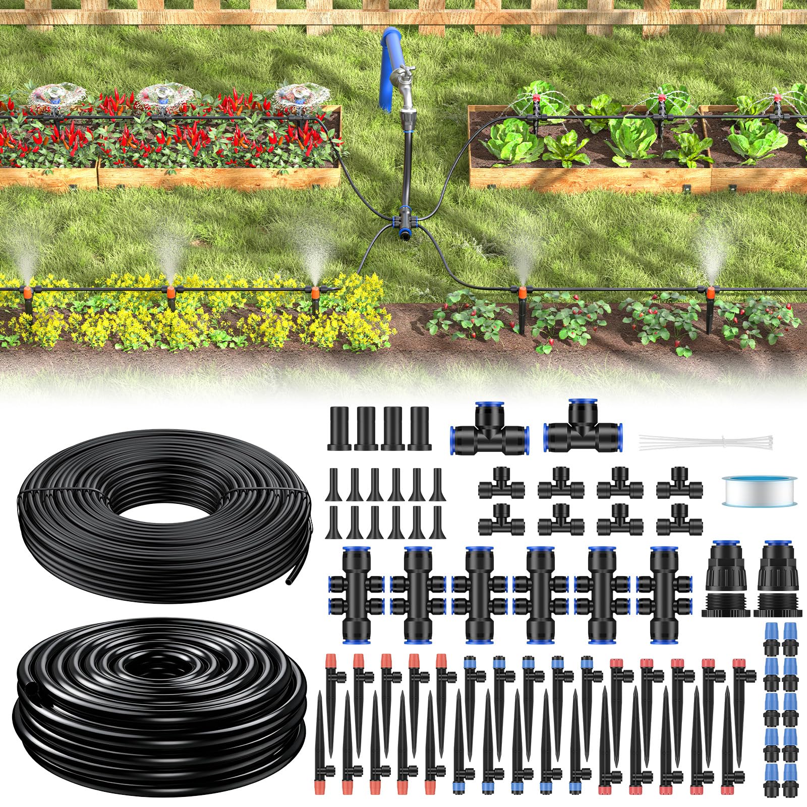 Pawfly 70 m Steckverbinder-Tropfbewässerungsset, Gartenbewässerungssystem mit 13-16 mm (10 m) & 4-6 mm (60 m) Schlauch und Zubehör, für Gewächshaus & Rasen