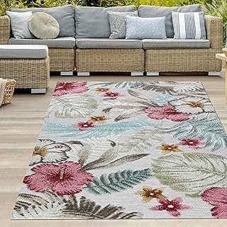 Teppich-Traum In-und Outdoor Teppich Balkon Terrasse wetterbeständig pflegeleicht Blumen Blätter Muster modern türkis bunt 200 x 290 cm