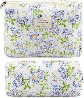 Quilted Cotton Cosmetic Bag 2Pcs Coquette Makeup Bag Travel Makeup Bag for Women Large Makeup Pouch Aesthetic Floral Cosmetic Pouch Toiletry Bag for Women Gift for Lover Daughter Sister Mom