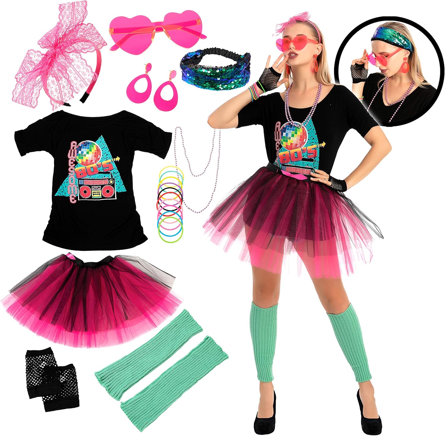 80s Costume Set with T-Shirt Tutu Headband & Other Halloween Cosplay Accessories : Clothing, Shoes & Jewelry