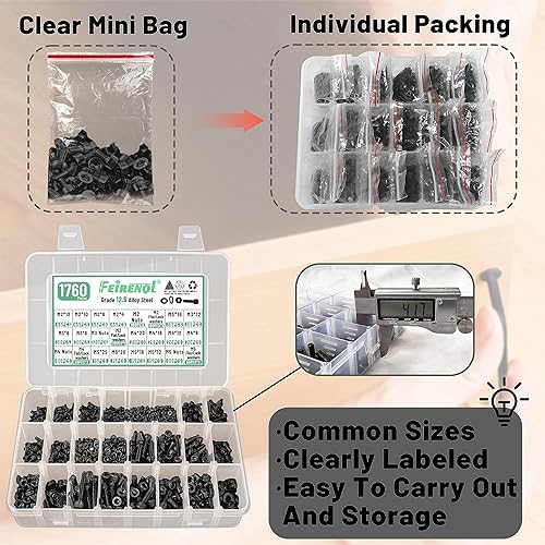 Miniatura 3 de Juego de 1760 tornillos métricos surtidos M2 M3 M4 M5, grado 12.9 de acero de aleación de acero de aleación de casquillo hexagonal, tornillos