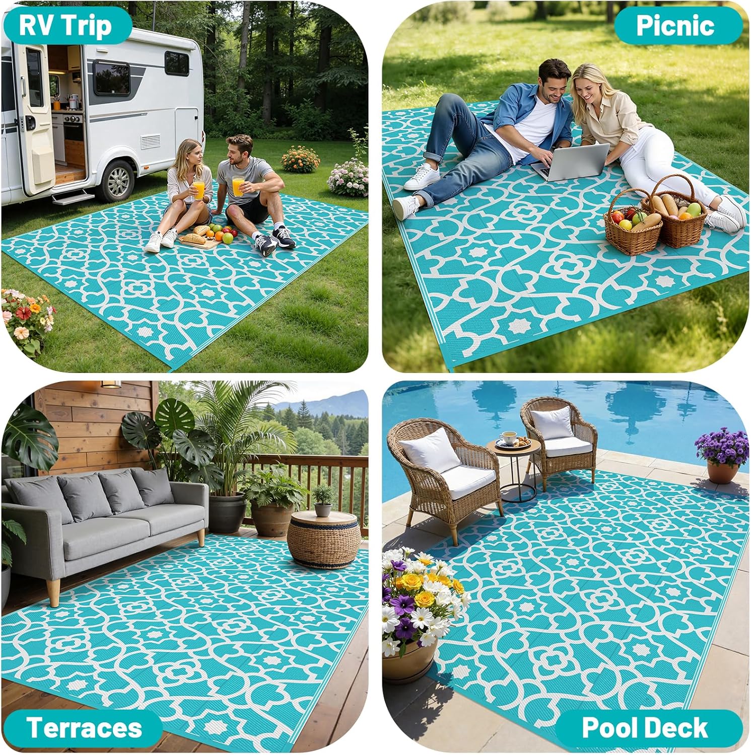 HEBE Outdoor Rug Waterproof 5x8, Plastic Straw Rug Camping Rug, Reversible Outdoor Patio Rugs RV Mat Clearance, Indoor Outside Floor Carpet for Porch,Deck,Camper,Balcony,Backyard