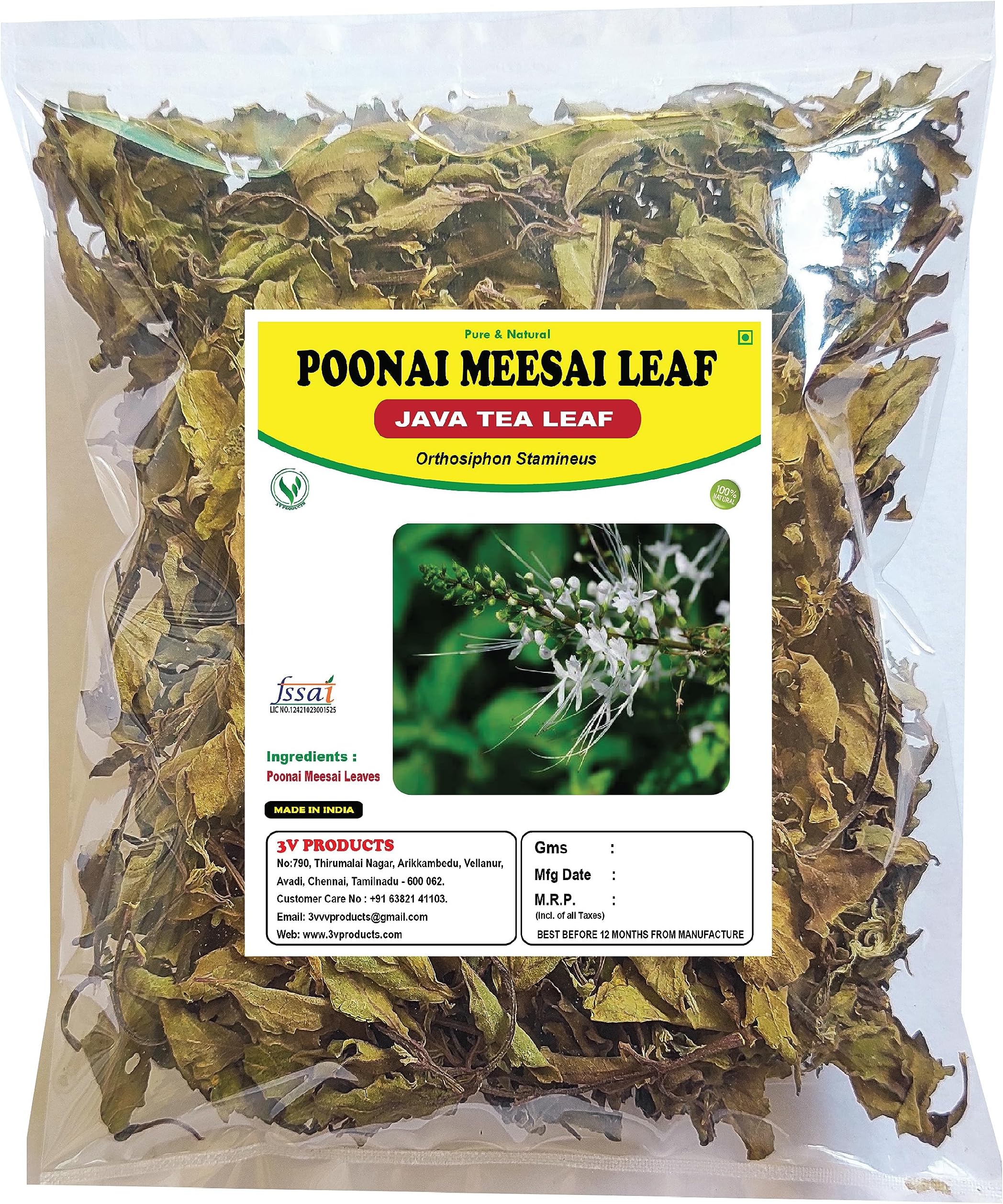 3V PRODUCTS Dried Poonai Meesai 100g | Orthosiphon Stamineus | Java Tea Leaf | Cat Whiskers | Seeraga Thulasi (Dried)