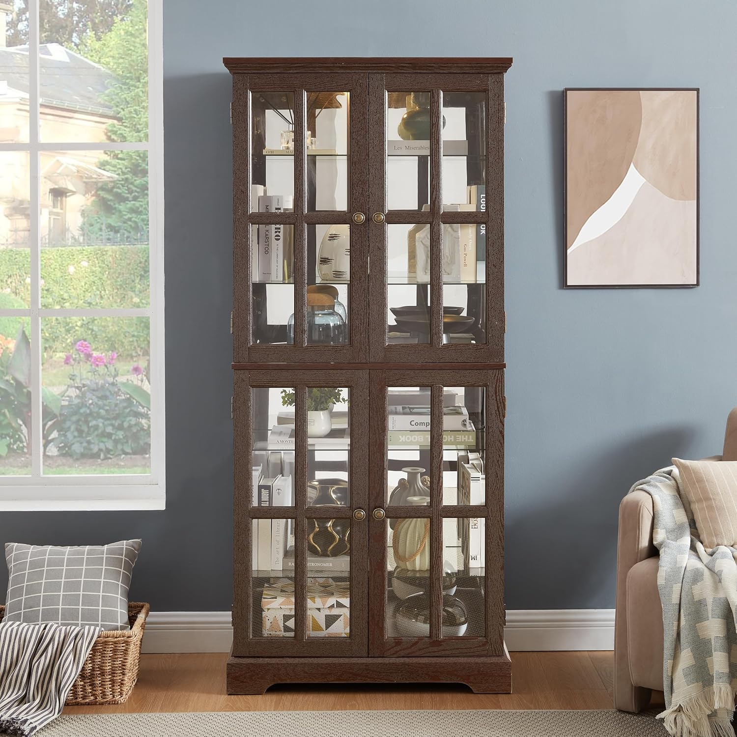 Curio Display Cabinet with Glass Doors, Antique Style, Adjustable Shelves, Four Door Vintage Showcase, 30.32" x 15.75" x 68.7
