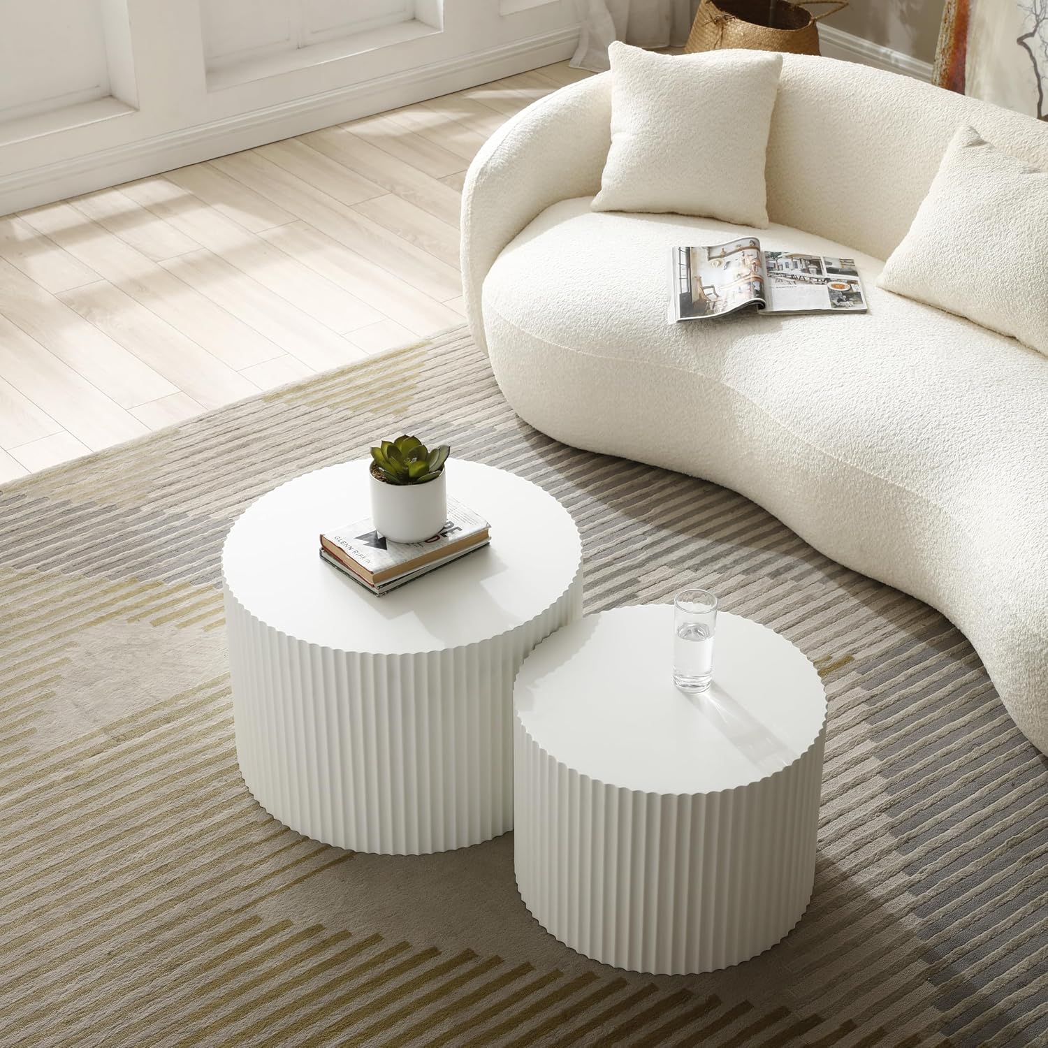 Round Wooden Nesting Table Set of 2, Modern Coffee Table,Round Coffee Table ＆ End Table, Side Table for Living Room,Bedroom,No Need Assembly… (White)