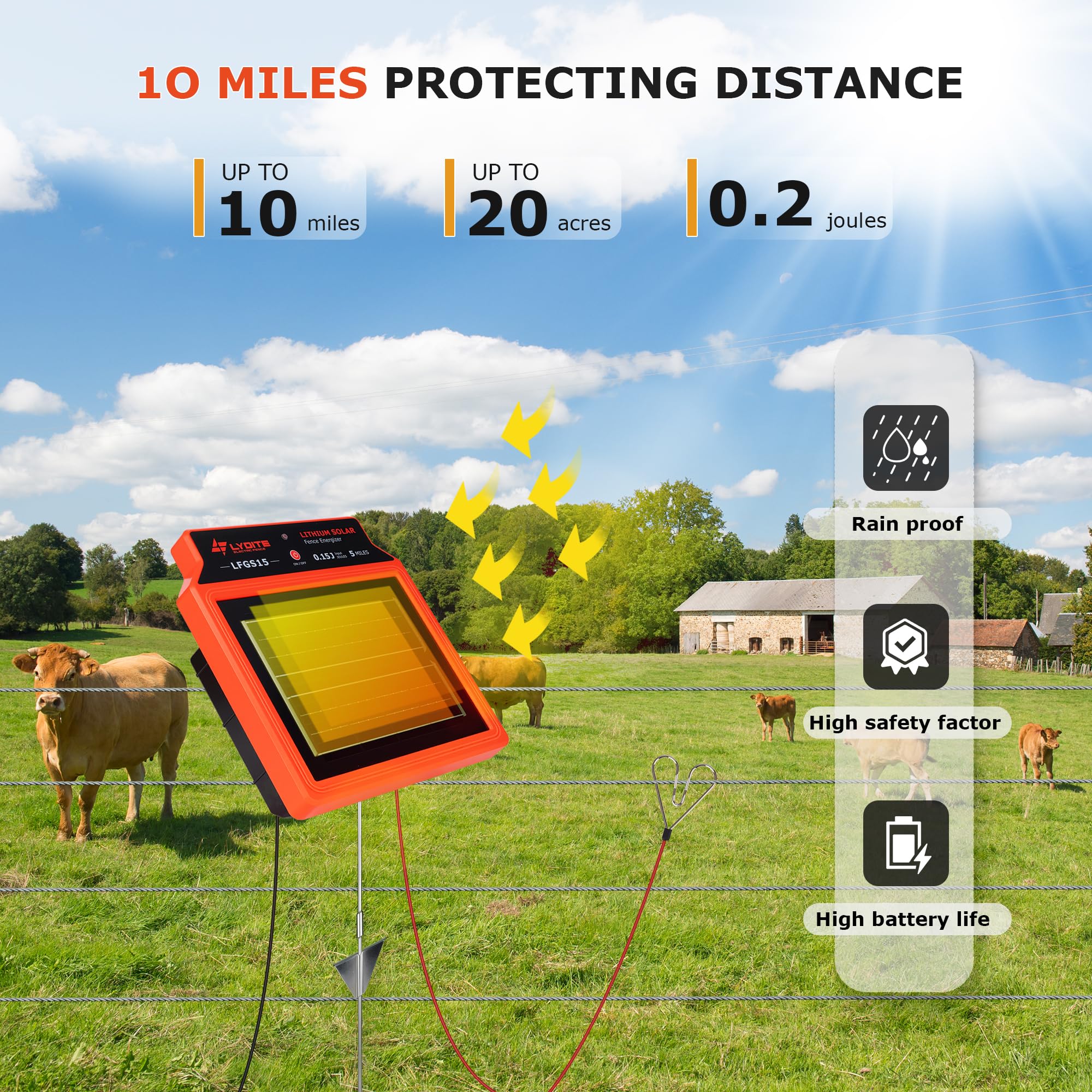 LFGS15 - Caricatore solare per recinzione, 24 ore e 8 km, energizzatore portatile 0,15 J con pannello solare ricaricabile per bestiame, energia elettrica per recinzione