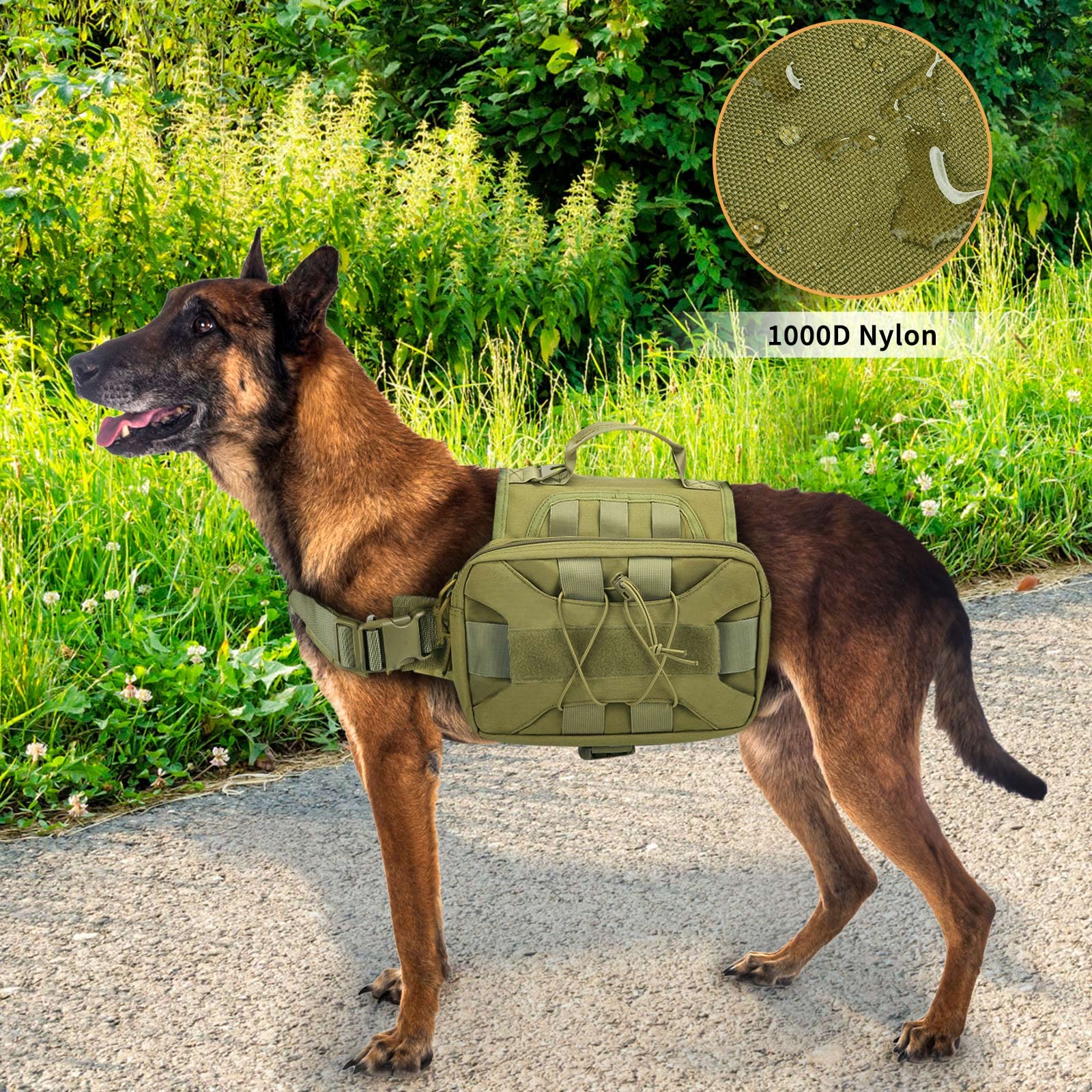 Huntvp Mochila Táctica para Perros 1000D Arnés para Perros con Grandes Bolsillos Alforja Ajustable Molle para Perros Medianos Grandes Viajar Senderismo,Verde