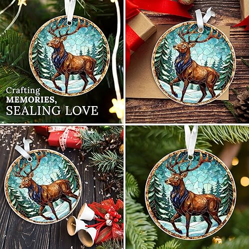 Miniatura 4 de Adorno de ciervo de vidrieras  Elegante decoración de árbol de Navidad de reno con escena del bosque, vida silvestre para amantes de la naturaleza o