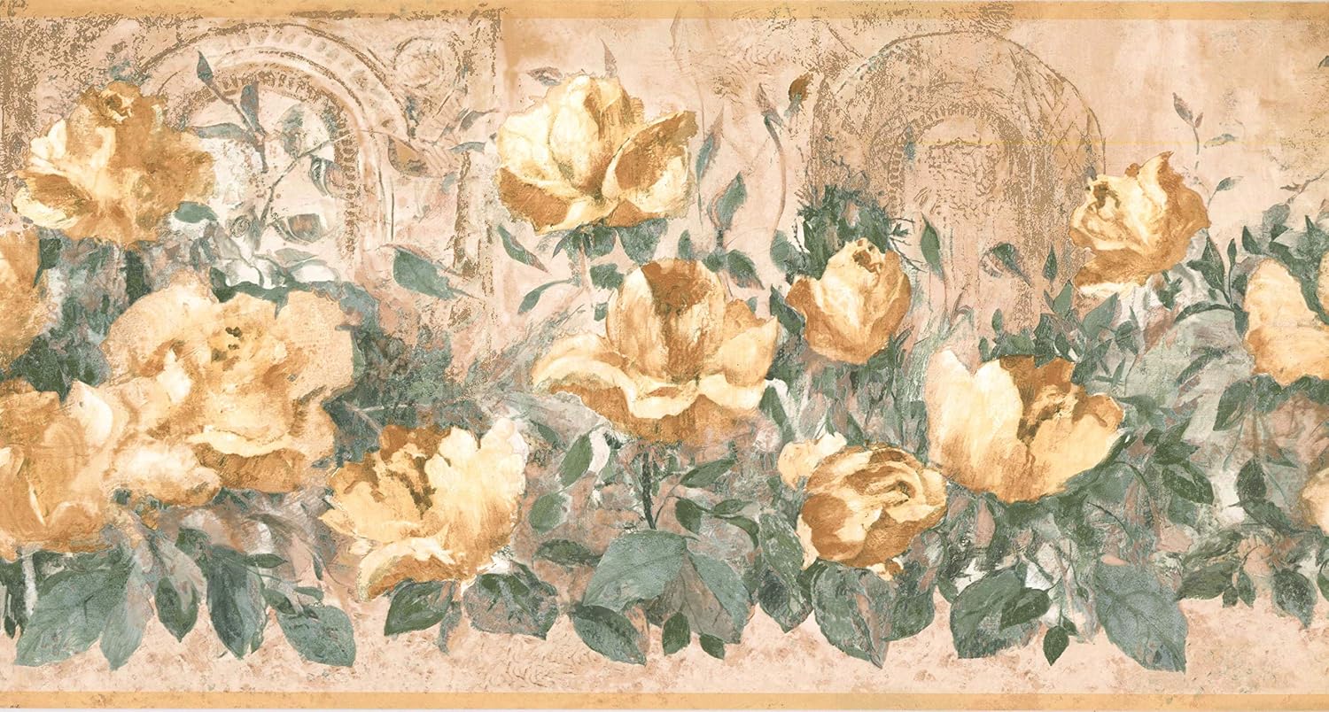 CONCORD WALLCOVERINGS ™ Classic Floral Wallpaper Border Featuring Yellow Roses on Green and Beige Background, Size 10.25 Inches by 15 Feet FR4998B