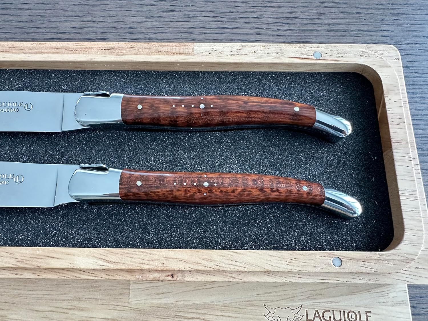 Laguiole en Aubrac Luxury Fully Forged Full Tang Stainless Steel Steak Knives 2-Piece Set with Amourette/Snake Wood Handles, Stainless Steel Polished Bolsters