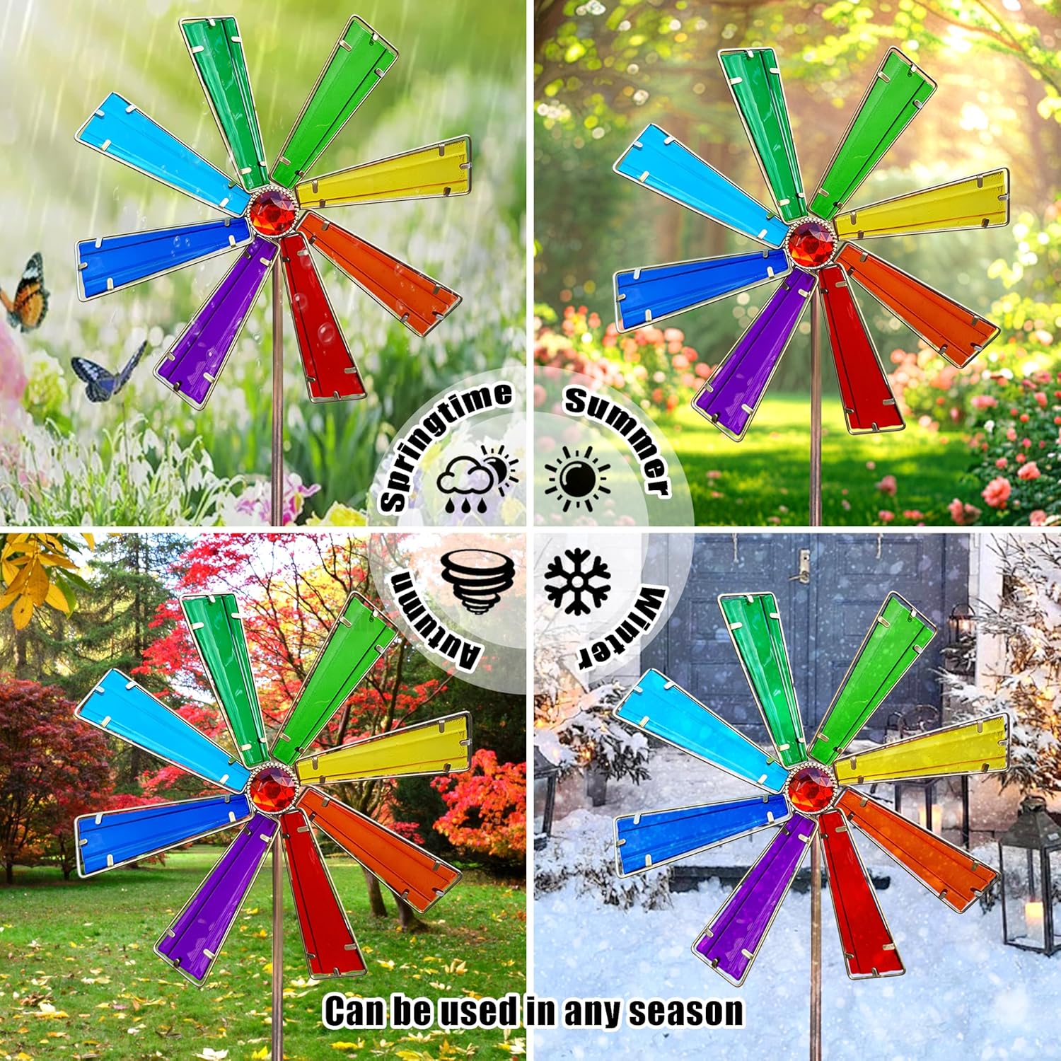 COOZZYHOUR 42 Inch Glass Rainbow Wind Spinners,Outdoor Yard Metal and Glass Windmill Garden Stake, Wind Sculptures for Yard and Garden Lawn Patio Decoration-Rainbow