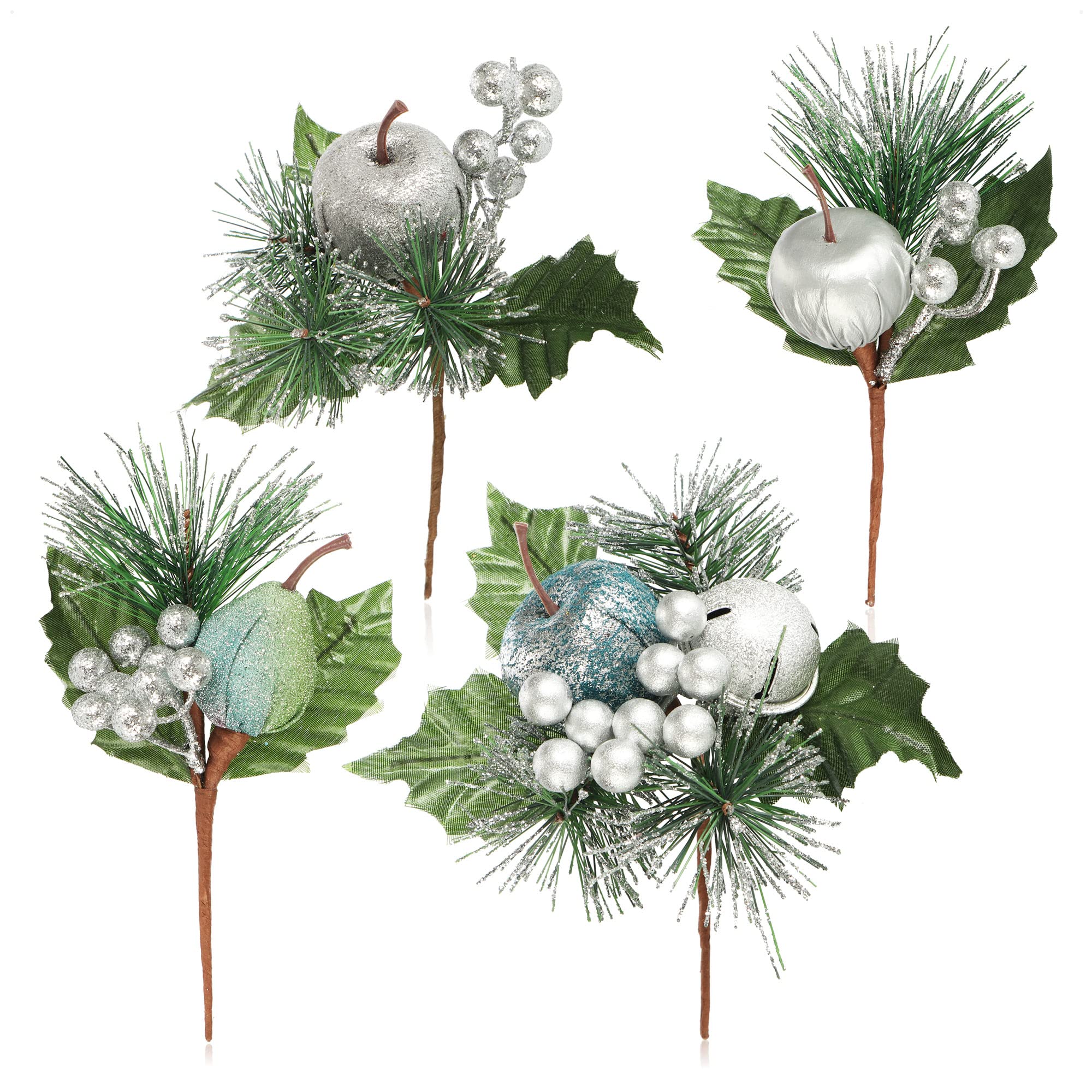 com-four® 4x decorative arrangements, twigs as great Christmas decorations, beautiful room decorations, also for wreaths and flower arrangements (green - small - with apples)