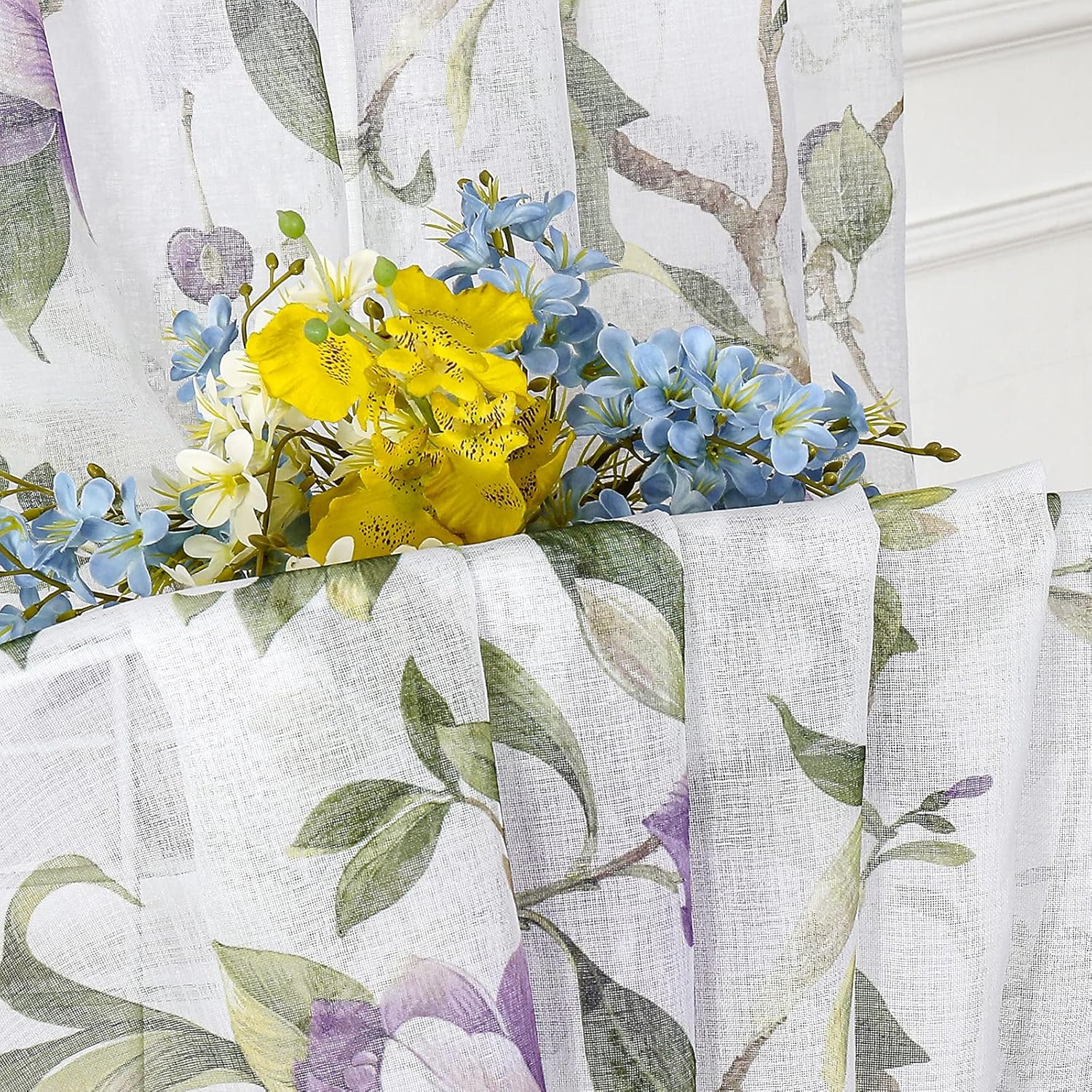 Tollpiz Floral Sheer Curtain Purple Cherry Flower Butterfly Print Living Room Curtains Rod Pocket Voile Linen Look White Sheer Curtain for Bedroom, 54 x 84 inches Long, Set of 2 Panels