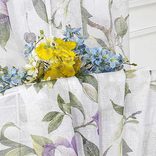 Miniatura 6 de Tollpiz Cortinas traslúcidas con estampado floral de cerezo morado y mariposa, cortinas para sala de estar, cortinas con bolsillo para barra,