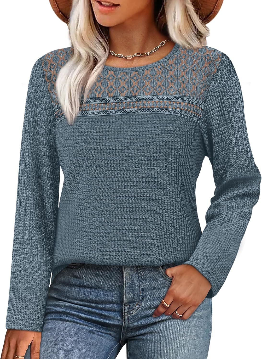WIHOLL Womens Lace Long Sleeve Shirts Fall Tops Fashion Dressy Casual Lightweight Sweaters Mesh Clothes Trendy Waffle Knit image 2