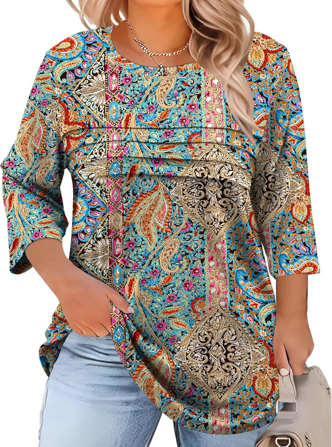 LOMON Plus Size Women Blouses 3/4 Length Sleeve Tops Crewneck Pleated Casual Tees Shirts 1X-5X