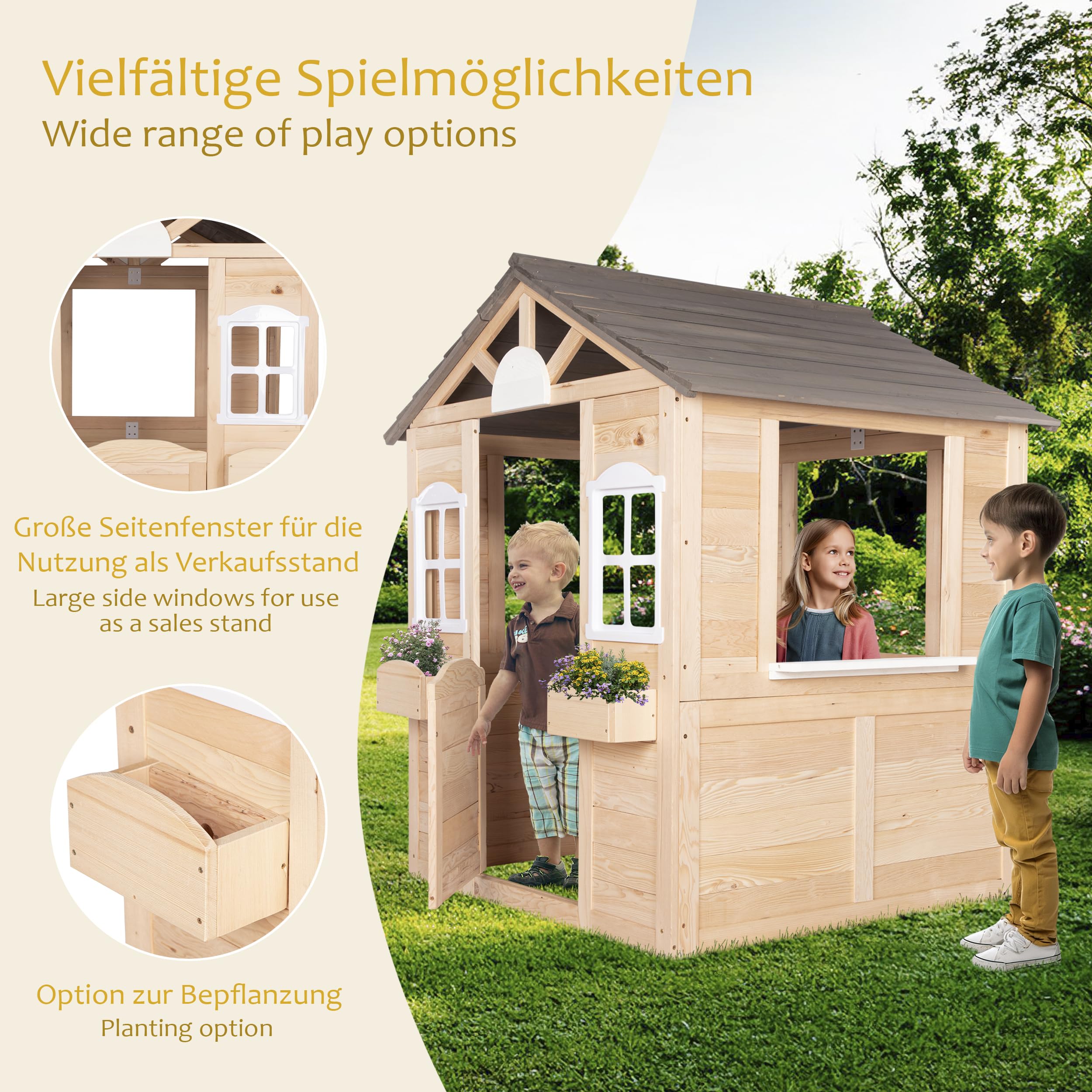 ONVAYA® Kinderspielhaus aus Holz ǀ mit Tür und Fenster ǀ Spielhaus aus Echtholz ǀ für DIY-Streichprojekte ǀ einfacher Aufbau ǀ Gartenhaus für Kinder