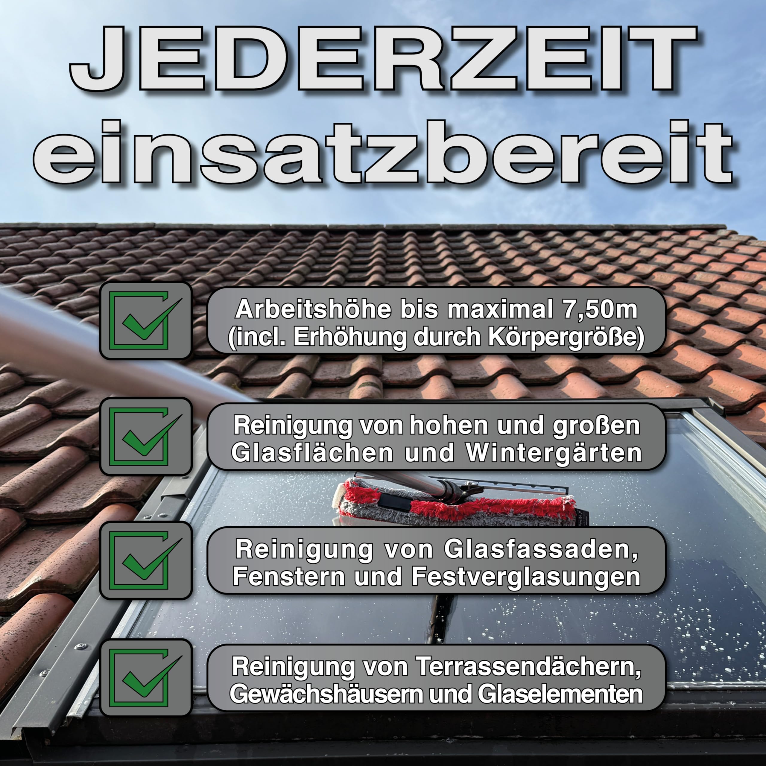 FenWi 6m Teleskop Fensterreiniger Profi Set mit 35cm Kombi Fensterwischer | 2in1 Gummilippe + Microfaser Wischer 35/40cm, Gelenk und Alu Teleskopstange 600cm, Für Wintergarten, Solar und PV Reinigung