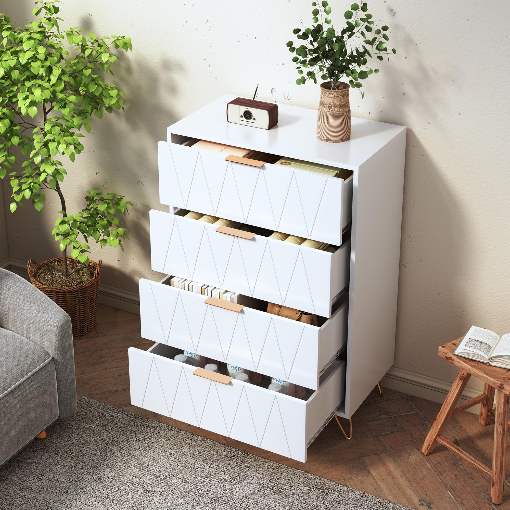 Commode 4 Tiroirs 60cm, Commode pour Chambre à Coucher, Enfant, Salon ou Couloir, Moderne Tiroirs Meuble de Rangement, 60x34x90 cm, Blanc