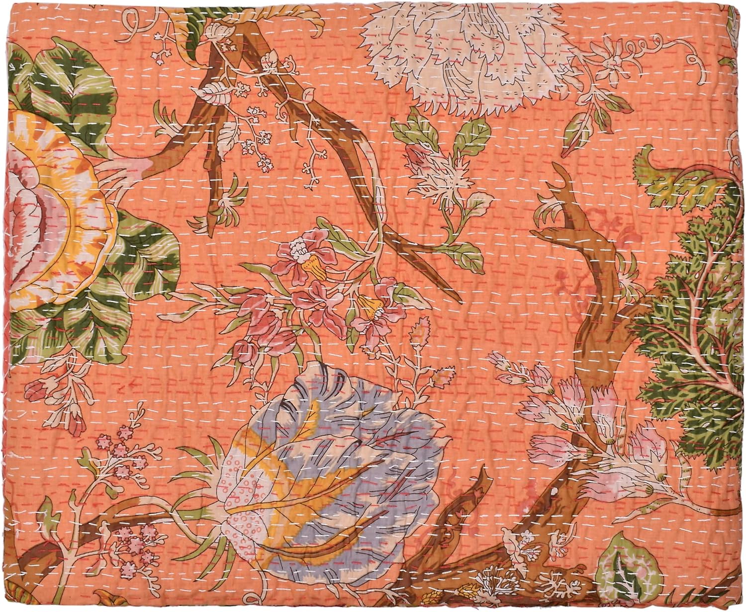 King Size Kantha Quilt Cotton Indian Blanket Peach Handmade Gudari Hippie Bedspread Home Decor Bedcover 90x108 Inches