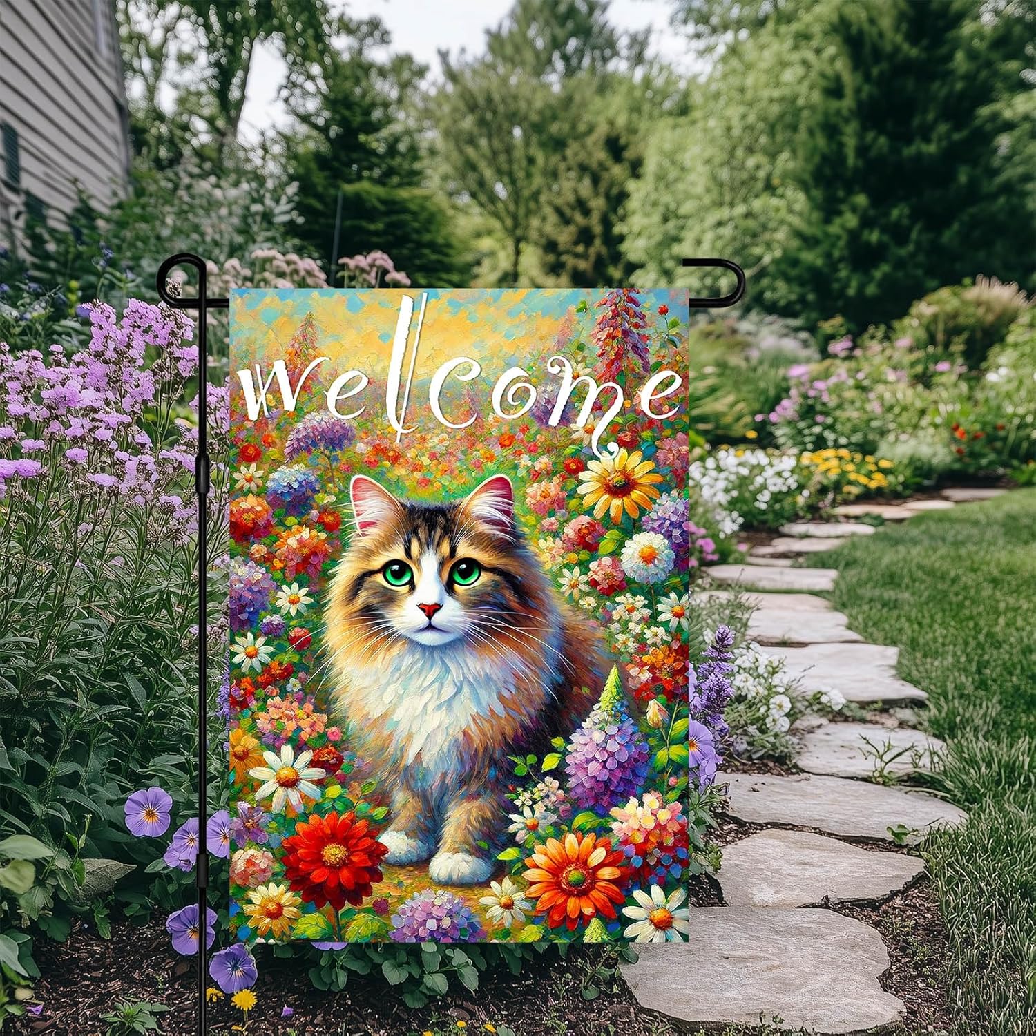 Spring Welcome Cat Garden Flag Double Sided 12x18 Inch Tabby Cat Garden Flag Funny Floral Tulip Cats Flags Vertical Farmhouse Welcome Yard Spring Summer Seasonal Outdoor Porch Decor - Image 5