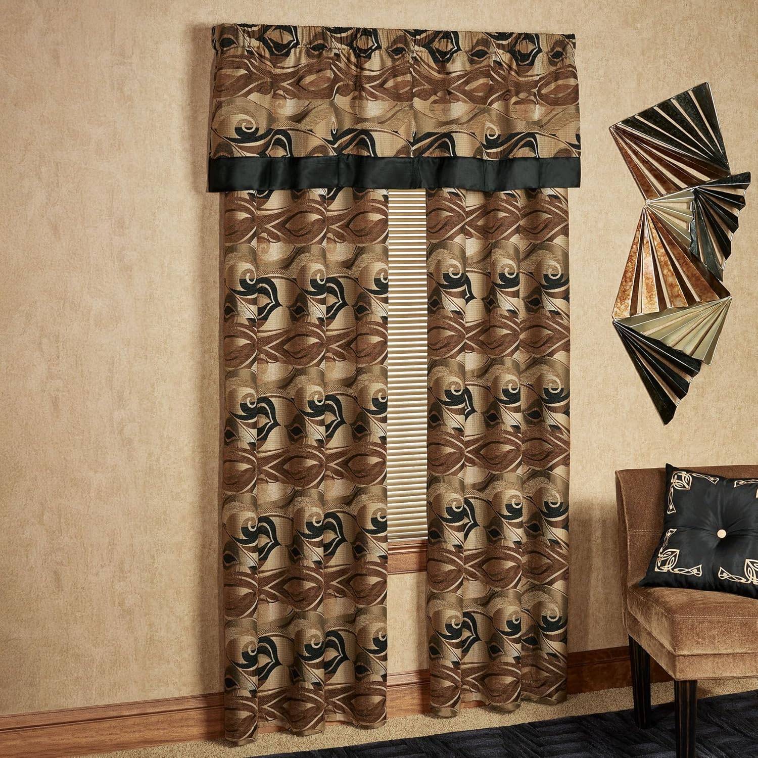 Paragon Abstract Modern Contemporary Luxury Window Treatment | Black Tan Dark Brown | Polyester | Chenille | Ogee Waves Swirl | 3 Pc Set 84L Window Panels Tailored Valance | Grommet Curtain Pair