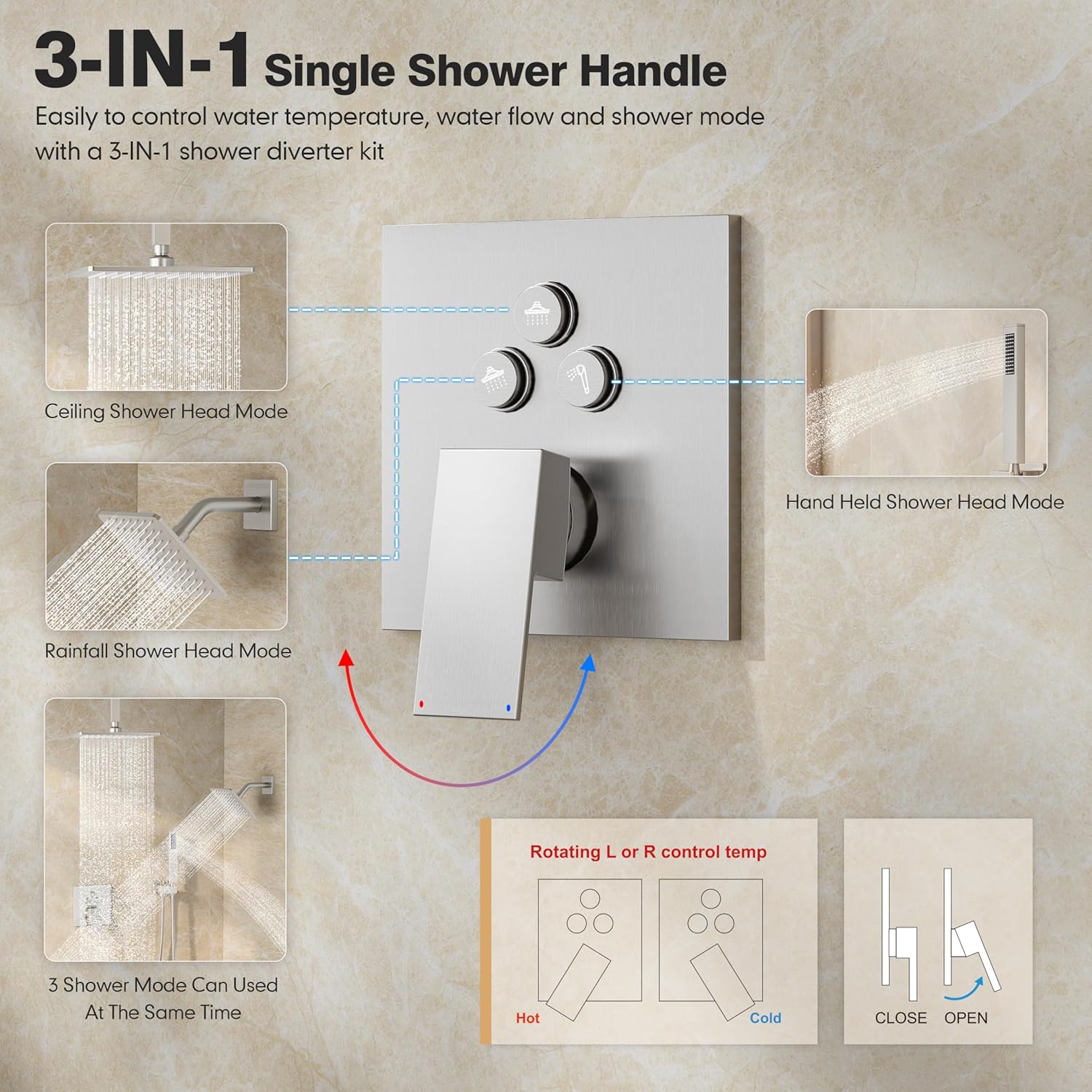 Kurpot Brushed Nickel Shower Faucet Set, Rain Shower System with 10'' Ceiling Shower Head and 6'' Wall Mounted Showerhead, Brushed Nickel Shower Head with Handheld, 3 In 1 Push Button Diverter Valve
