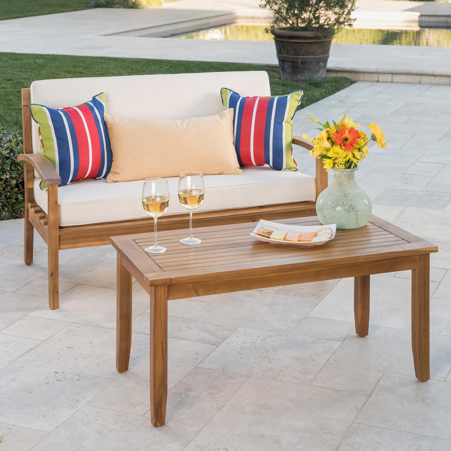 Tidyard Love SEAT + Coffee Table - Stylish Wooden Outdoor Loveseat Set with Water-Resistant Cushions for Patio, 5? x 32.? x 31.2? Polyester Fabric