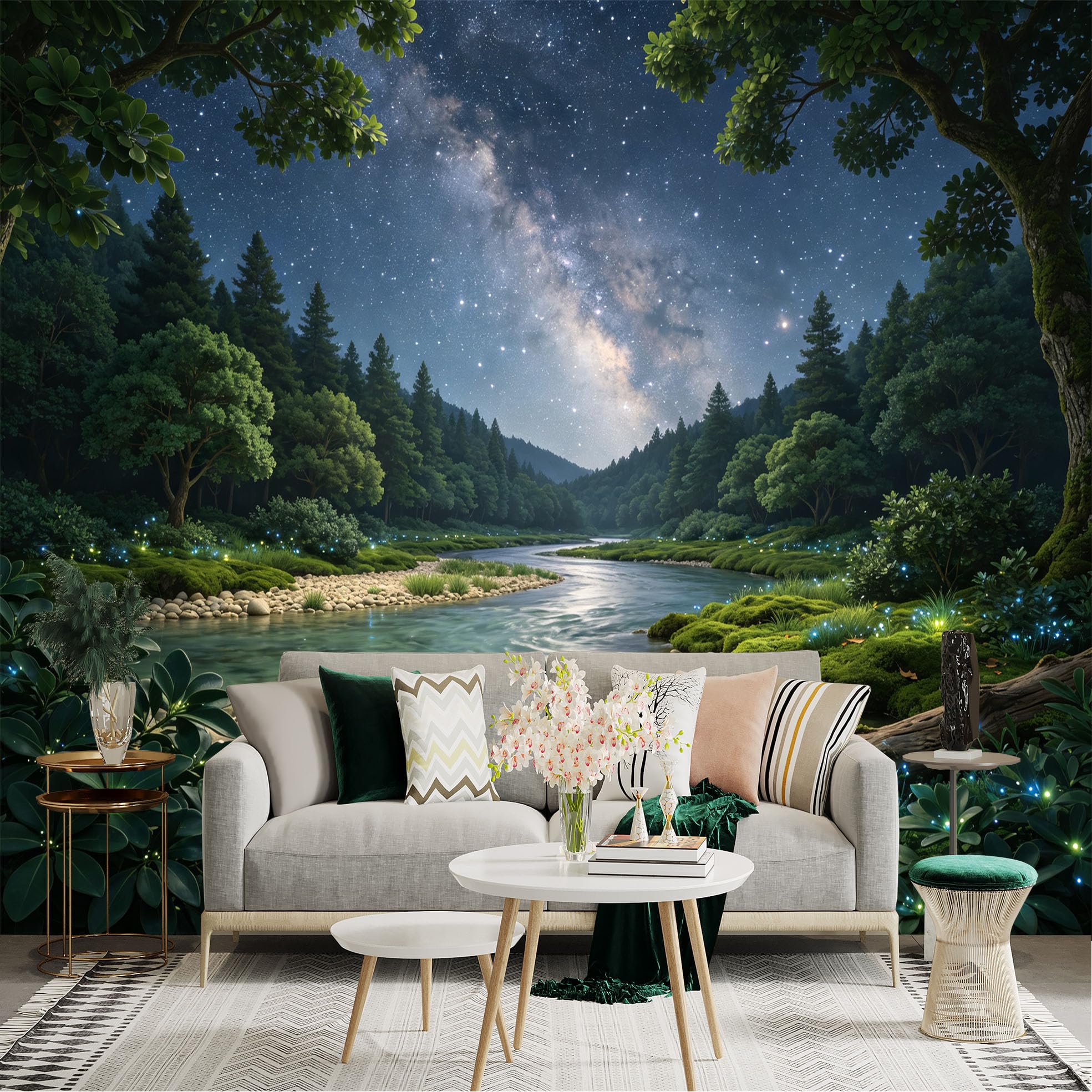 Lnzczhyre Bh260719271 Custom Size Wall Sticker Mural， Milky Way Over Lush Forest Stream， Glowing Fireflies， Enchanted Nature Scenery， For Wall Decoration， Peelandstick Wall Decals.