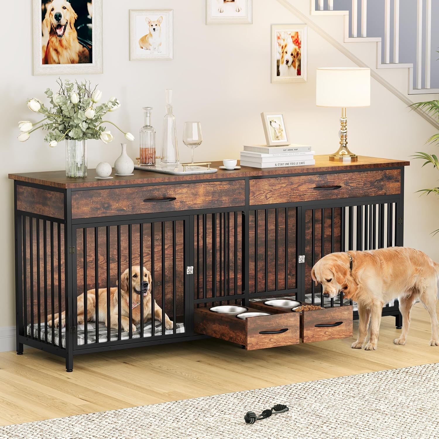 DWVO 91.3" Double Dog Crate Furniture with Dog Feeder, Dog Kennel Furniture with Drawers, Indoor Dog House TV Stand with 2 Room Divider for 2 Medium Large Dogs, Brown