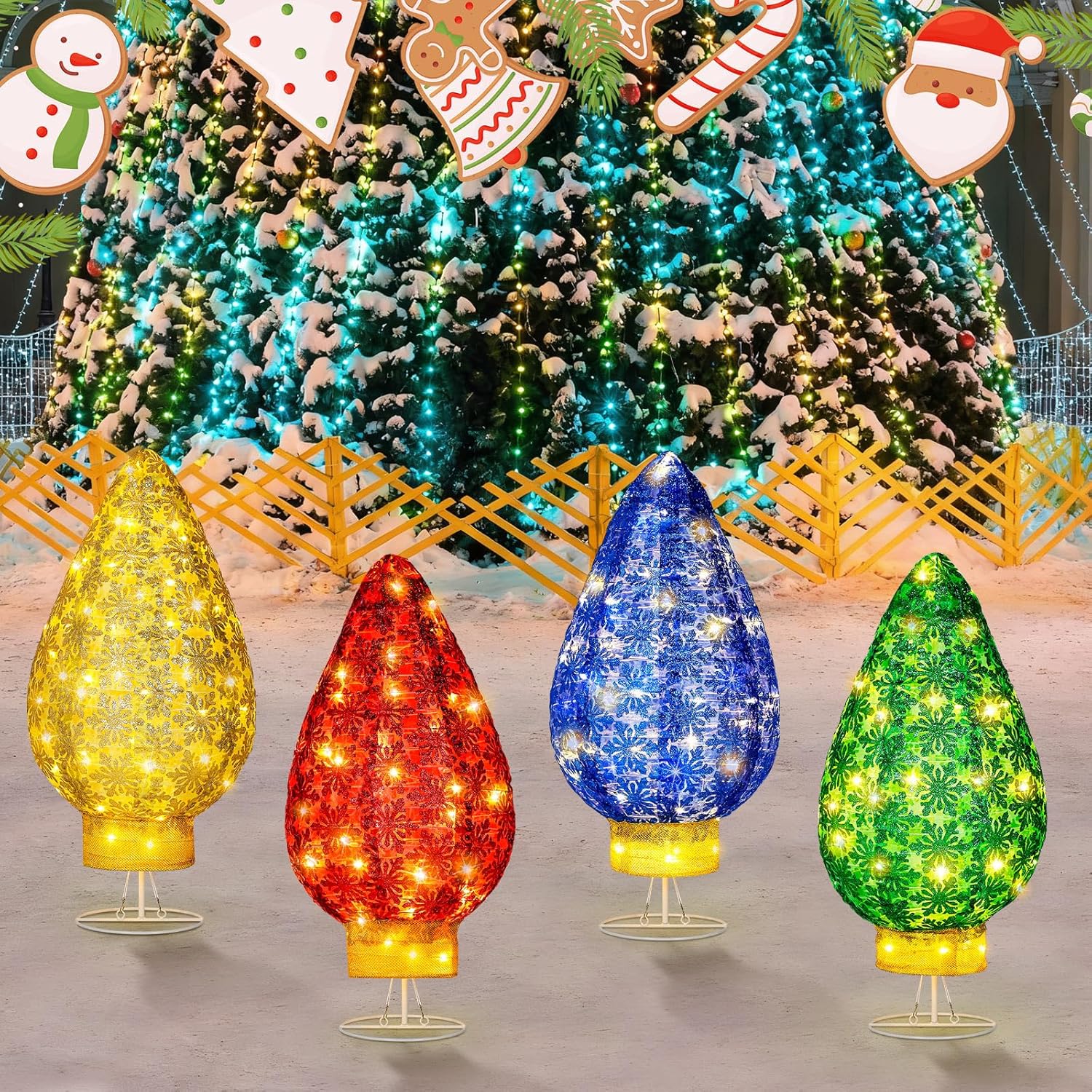 Sumind 4 Pack Giant Christmas Lighted Holiday Lamp Post for Indoor and Outdoor, Retractable Bulb Shape Floor Decorations Flash Onion Cloth Christmas Warm Holiday Atmosphere Display with 160 LED - Image 6