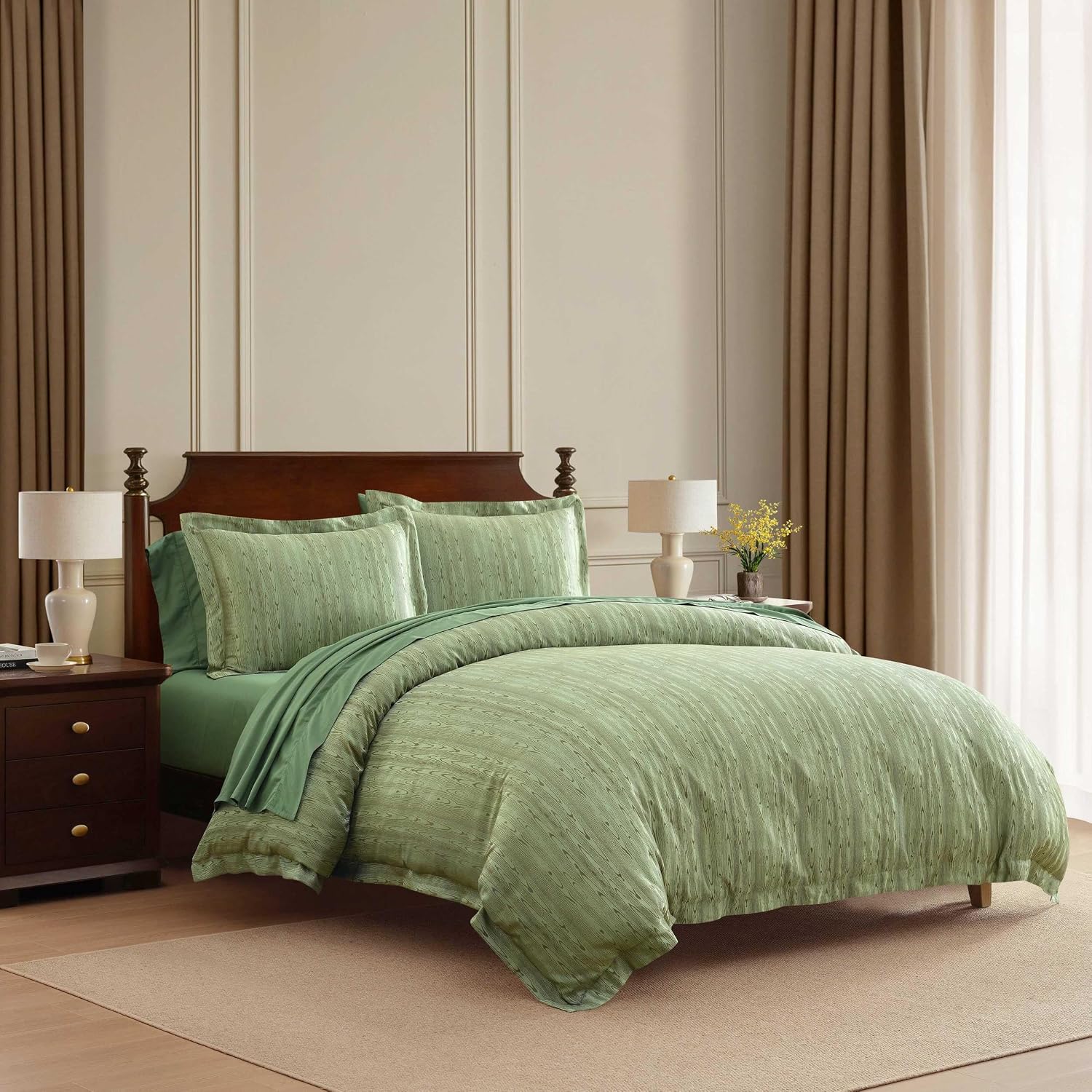 Martha Stewart - Queen Duvet Cover Set, Soft Cotton Blend Jacquard Bedding with Textured Reverse, 3 Piece Bed Set with Matching Pillowcases (Faux Bois Green)