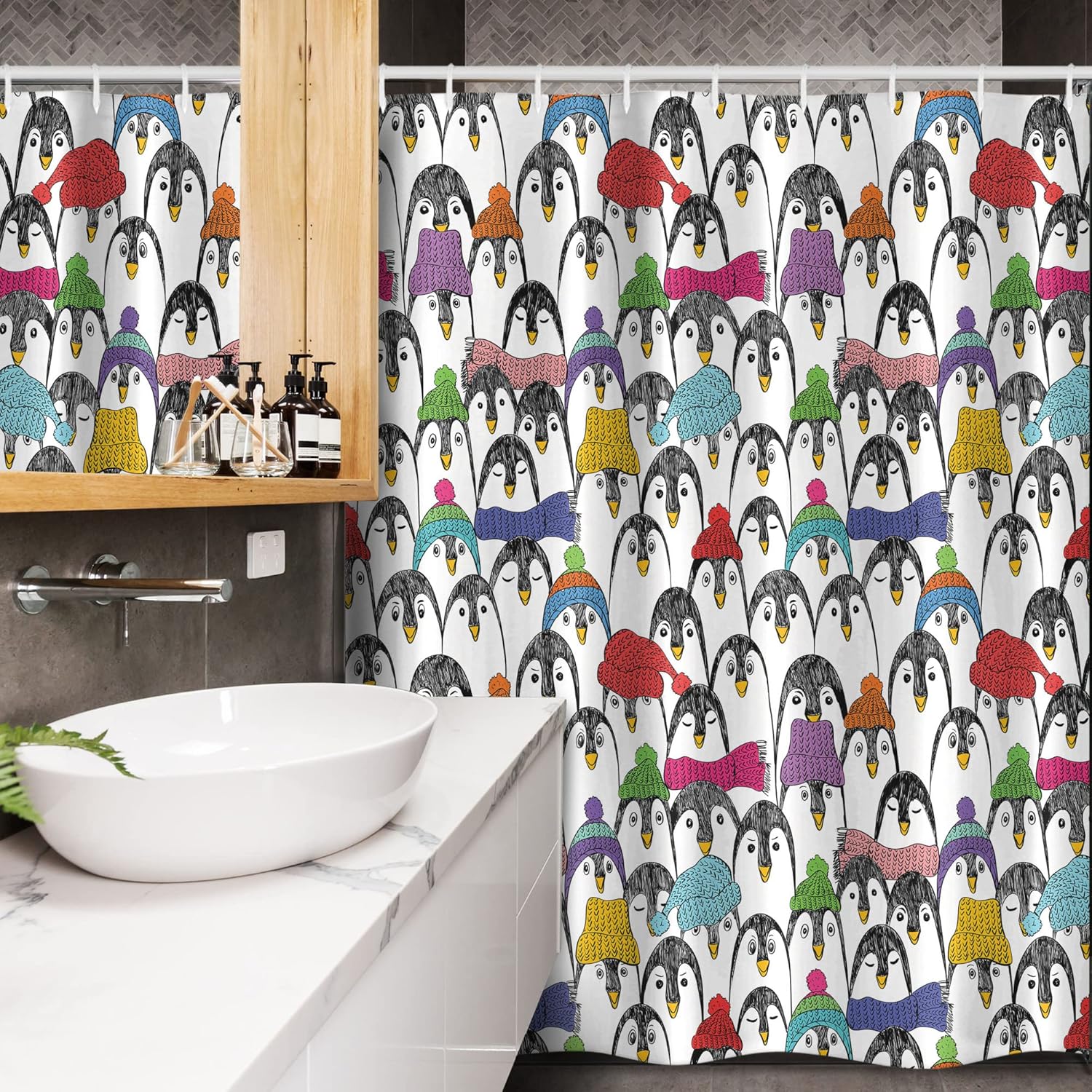 Ambesonne Sea Animals Stall Shower Curtain, Pattern Penguins in Colorful Hats and Scarfs Cold Winter Fun Art, Fabric Bathroom Decor Set with Hooks, 54" W x 78" L, Black Yellow