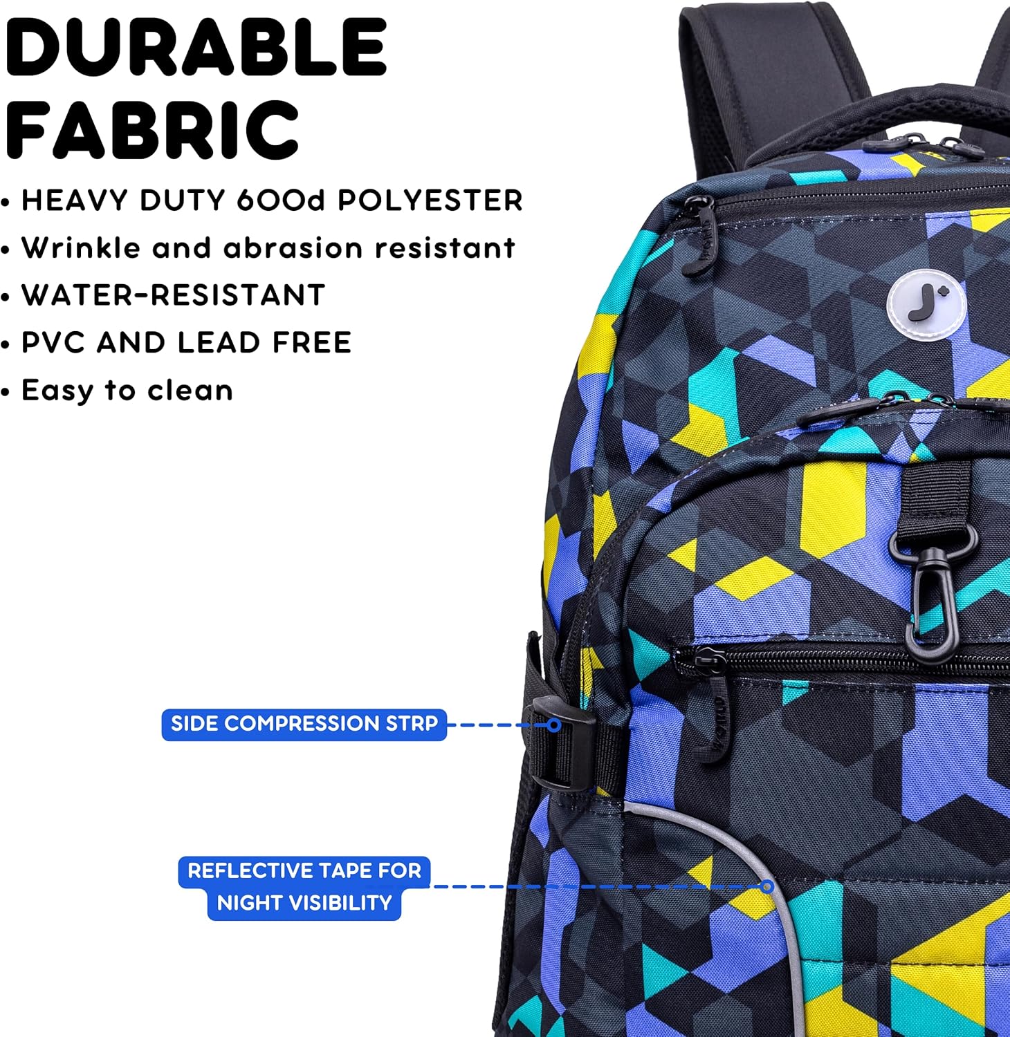 J World New York Atom Laptop Backpack – Ergonomic Backpack for School with Air Mesh Padded Shoulder Straps – 600D Polyester Work Backpack for Men and Women – Stylish Design (CAMO)