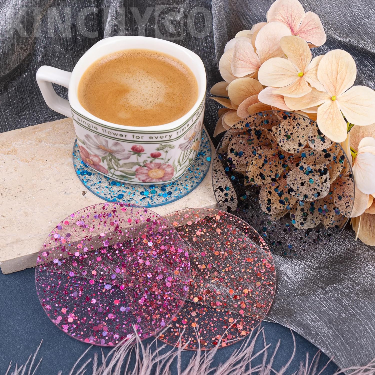 8 Pack Round Glitter Acrylic Cup Coasters, 4 Colors1 image 4