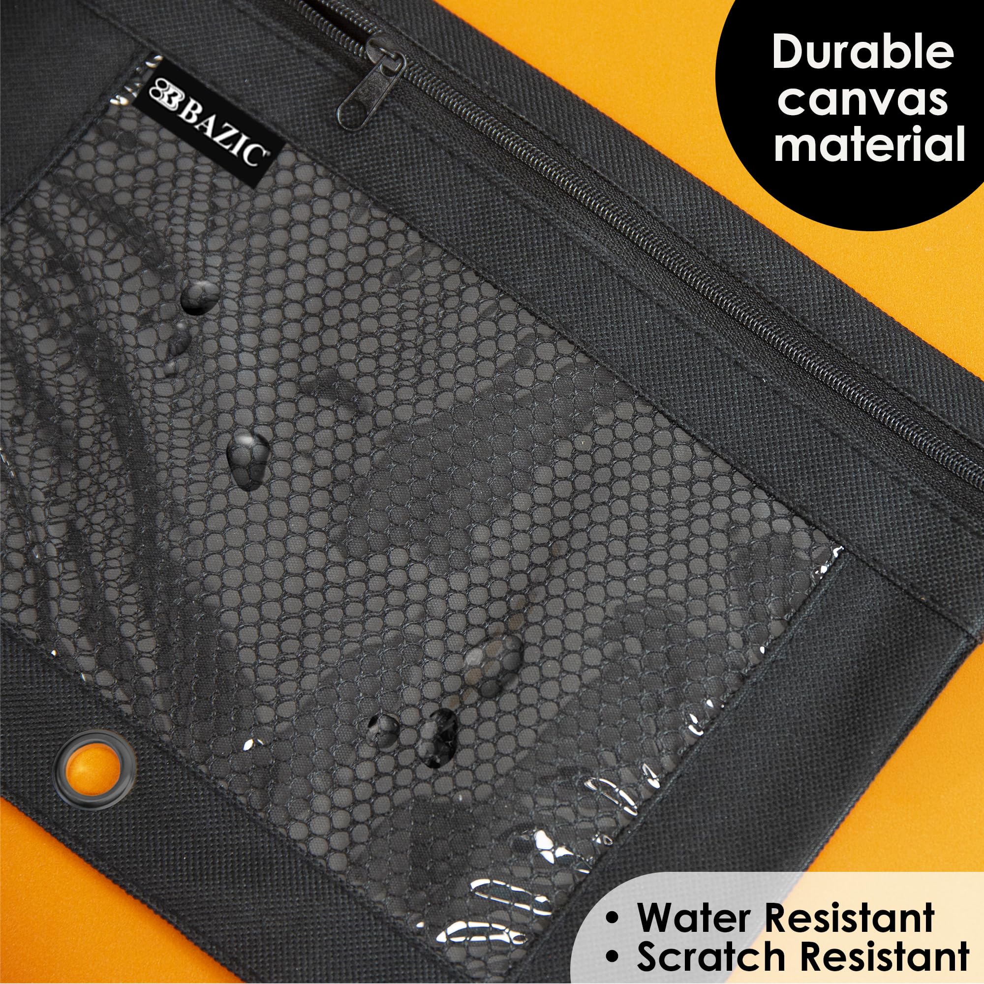 BAZIC - Bolsa para lápices con 3 anillas con agujeros para anillos forzados, ventana de malla, bolsas con cremallera, color negro, 10 unidades
