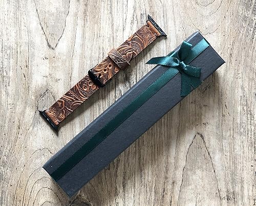 Miniatura 4 de Western Tooled Floral Leather Watch Bands Personalized Name Compatible with Apple Watch 38mm 40mm 41mm 42mm 44mm 45mm Custom Distressed Brown