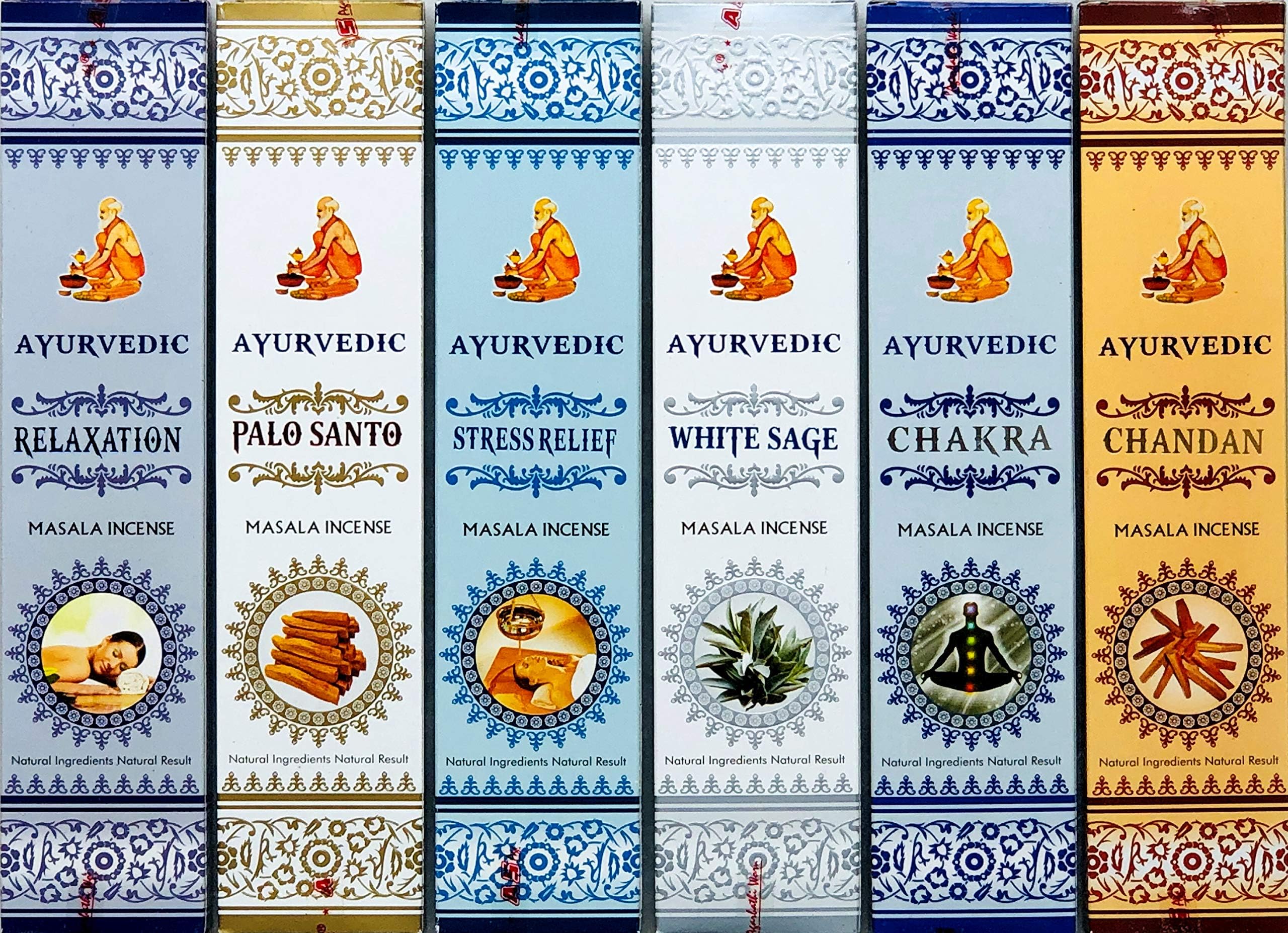 Masala Incense Set of 6 Fragrance :- Palo Santo, White Sage, Chandan(Sandalwood), Stress Relief, Relaxation, Chakra | Natural Incense | 15 Sticks in Each Pack