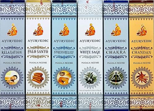 Masala - Juego de 6 fragancias de incienso Palo Santo, salvia blanca, chandan (sándalo), alivio del estrés, relajación, chakras, incienso natural,