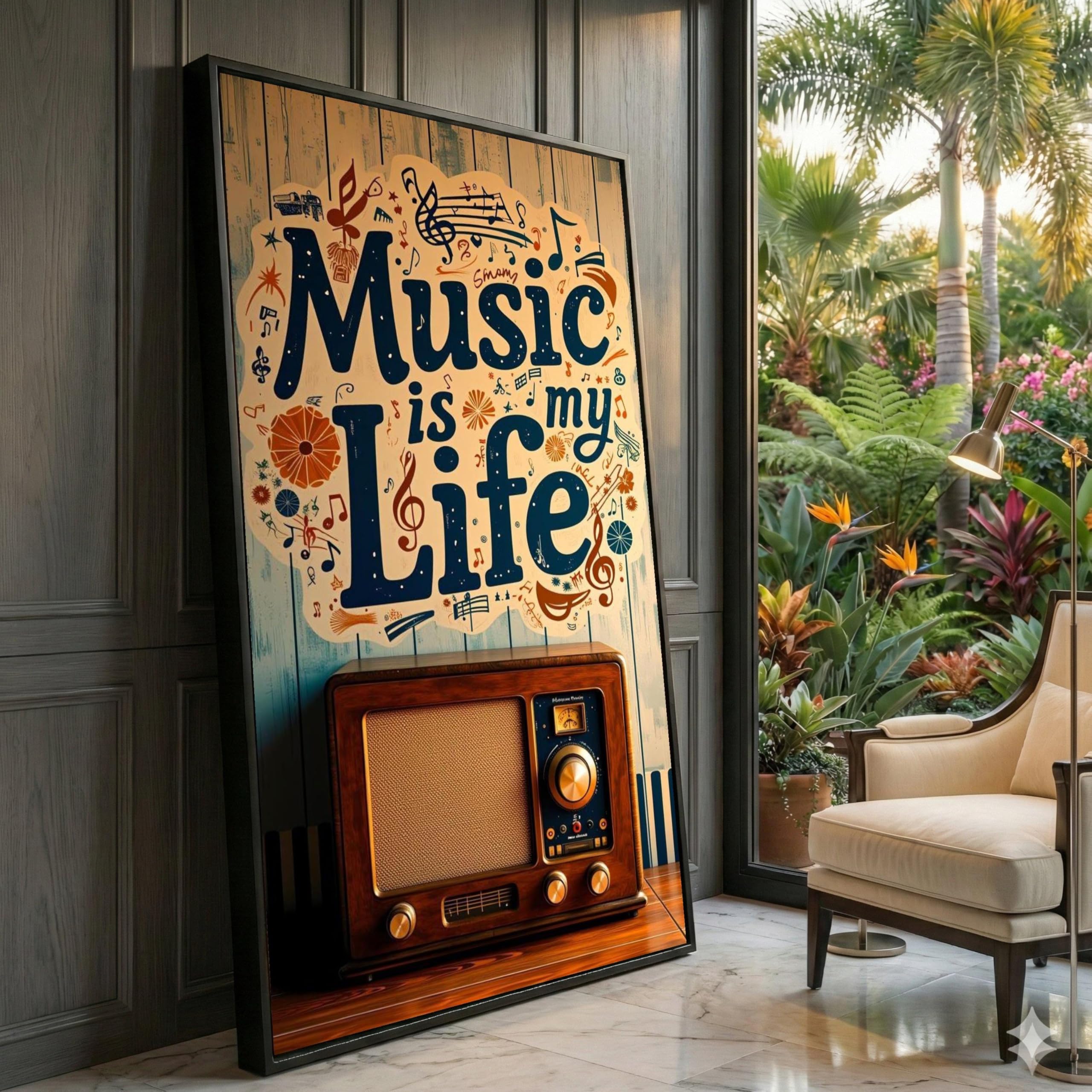 XINBAO Vintage Radio and Music is My Life Canvas, Retro Wall Art, Music Lover Decor, Musical Quote Painting, Home Room Accent(30x50cm/Frameless)