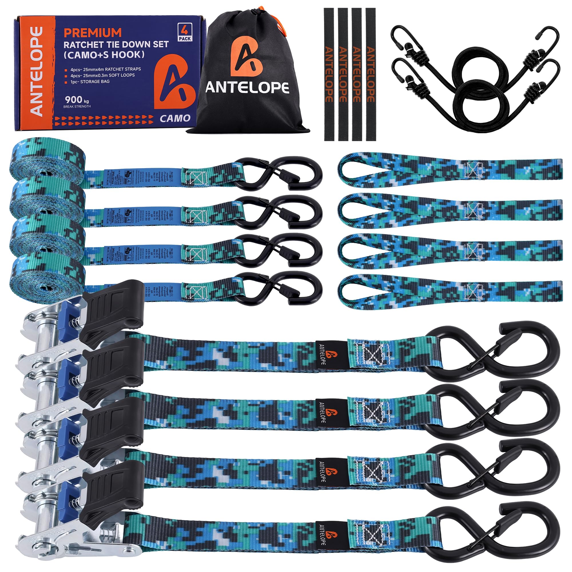 A ANTELOPE 4 Set Spanngurte mit Ratsche und Haken, Ratschengurt, EN 12195-2 | 25mm x 4m, TÜV/GS, Zurrgurte mit Ratschen Satz 900kg Bruchfestigkeit, Motorrad Spanngurte für Umzüge und Fracht, Tarnblau